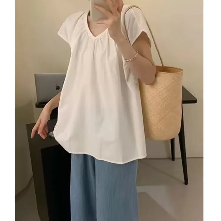 法式高级感短袖衬衫t恤女2025新款夏季宽松遮肚子显瘦慵懒风上衣