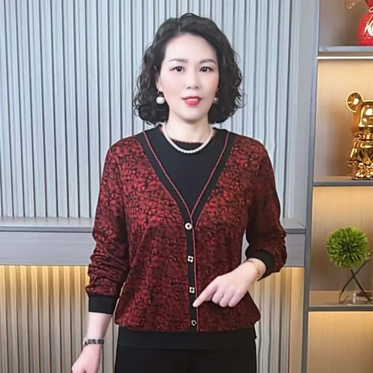 中老年妈妈装秋季新款时尚假两件洋气长袖上衣女气质显瘦宽松百搭