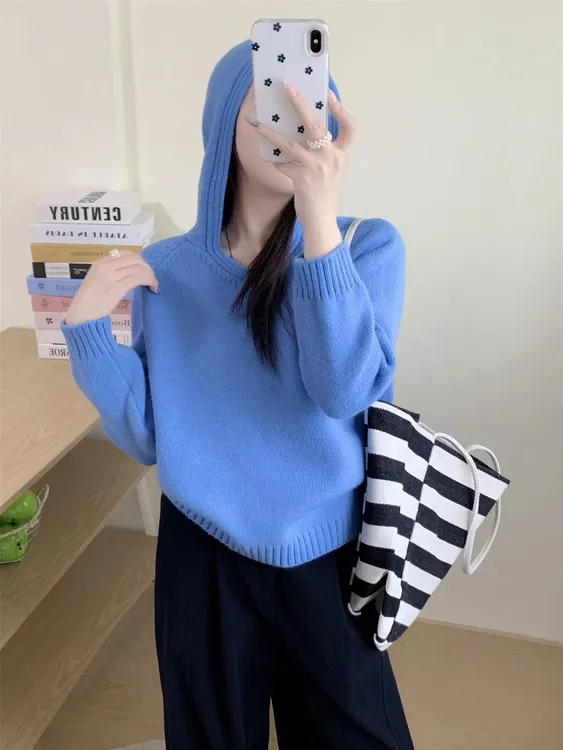 针织毛衣帽子韩系网红加厚百搭时尚宽松秋冬套头纯色打底圆领连帽