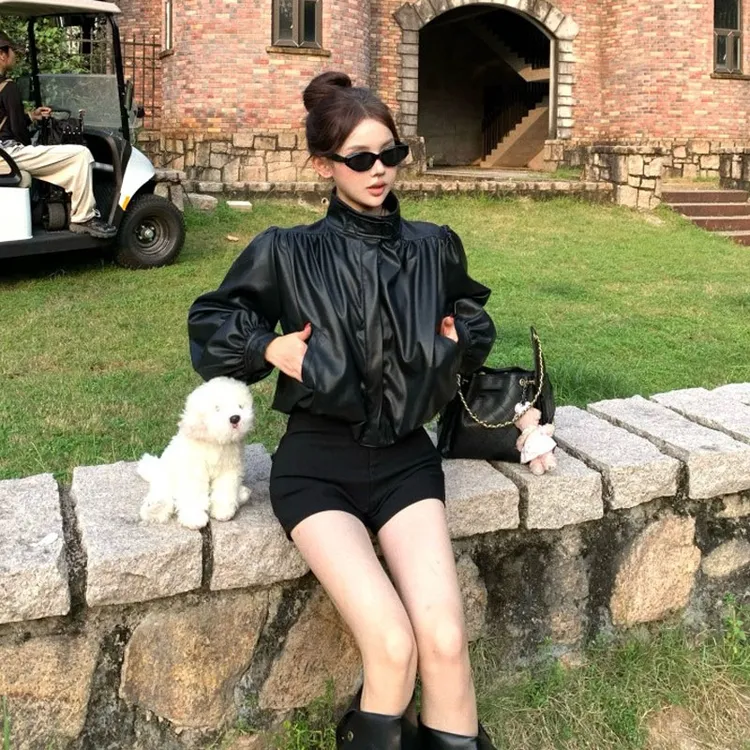韩系高级感时尚气质感立领皮衣小个子巨好看的宽松夹克短外套25秋