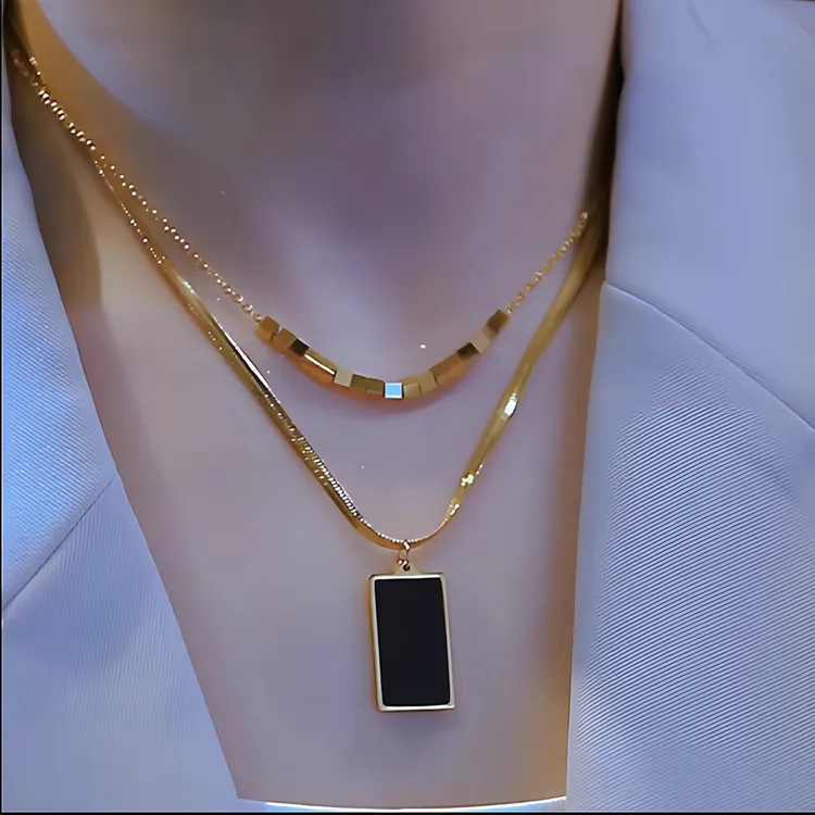 钛钢玻璃吊坠 双层叠戴锁骨链2025新款气质百搭钛钢项链网红配饰