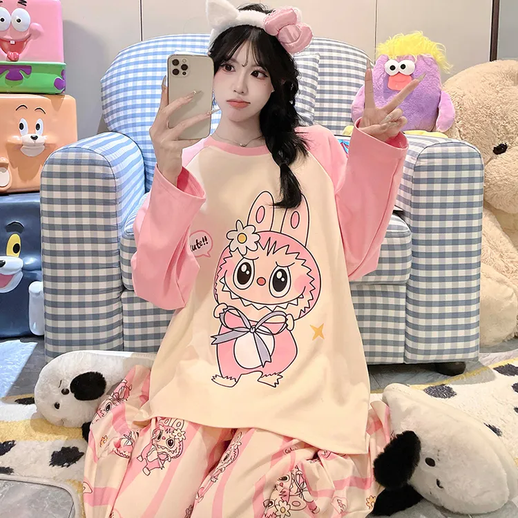 拉布布睡衣女孩100%纯棉长袖衣服女初中生2025超火两件套秋装女款