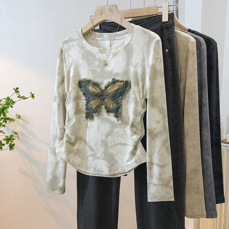 秋季大码胖妹妹扎染蝴蝶长袖t恤女装不规则上衣