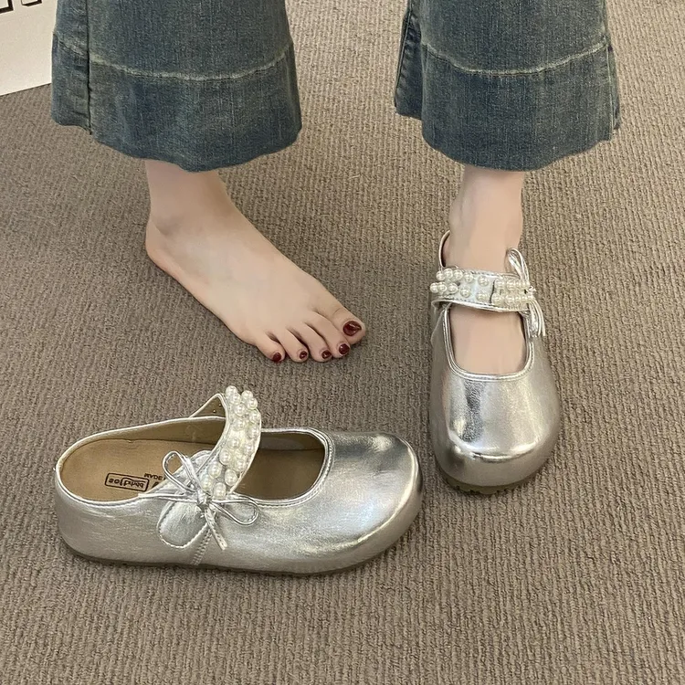 厚底增高勃肯鞋包头半拖鞋女夏外穿2025新款一脚蹬银色玛丽珍单鞋