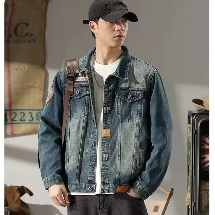 肩章【硬汉风】轻奢机车牛仔外套男士夹克 秋夹衣牛仔衣上衣549春季