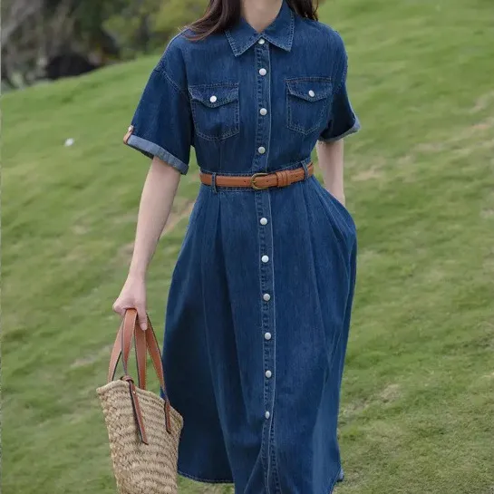 短袖蓝色牛仔连衣裙女2025夏季韩版新款修身显瘦高腰过膝中长裙子