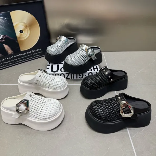 2025年新款厚底松糕编织网面圆头时尚包头拖底厚7公分舒适百搭