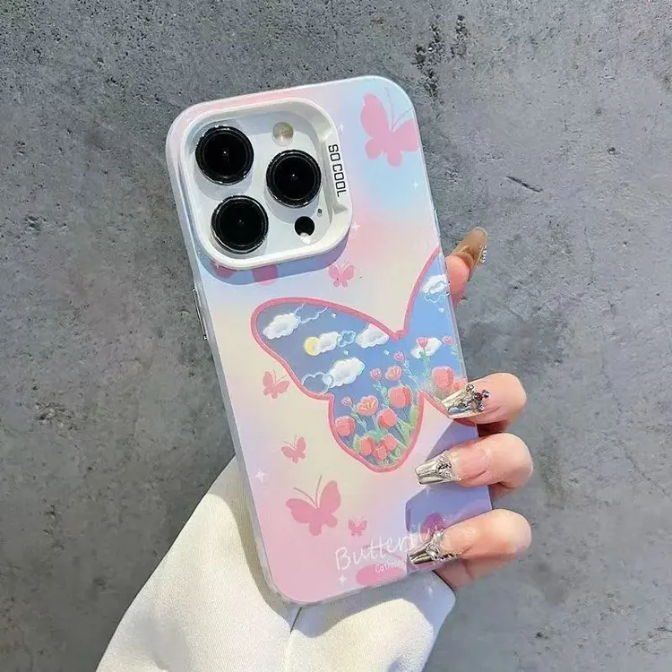 渐变粉蝴蝶iPhone15Promax元气手机壳14彩银13苹果12磨砂11小众xs