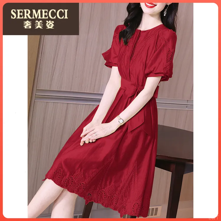 夏季2025新款漂亮气质高级感蝴蝶结系带收腰泡泡袖连衣裙显瘦结婚