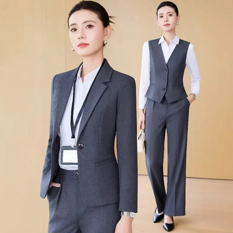 灰色西装马甲套装女气质通勤面试正装美容师酒店前台售楼部工作服