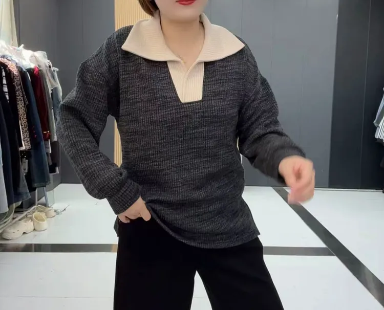 858针织翻领撞色大码显瘦百搭长袖衫