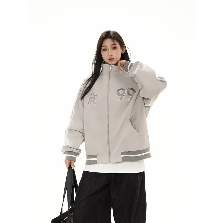 美式运动棒球服外套女2025刺绣春秋新款复古学院立领夹克宽松上衣
