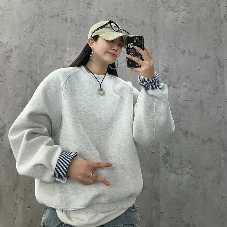 冬季简约纯色圆领卫衣男潮流宽松ins港风情侣bf套头帽衫上衣