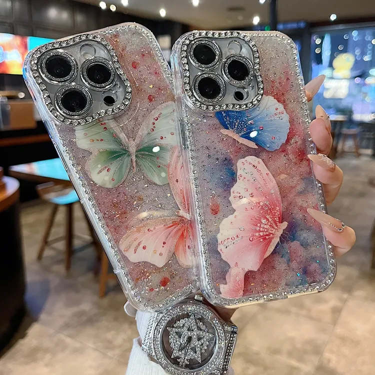 适用苹果系列iPhone16新款手机壳侧面蓝粉蝴蝶扭边钻框闪钻镜头膜