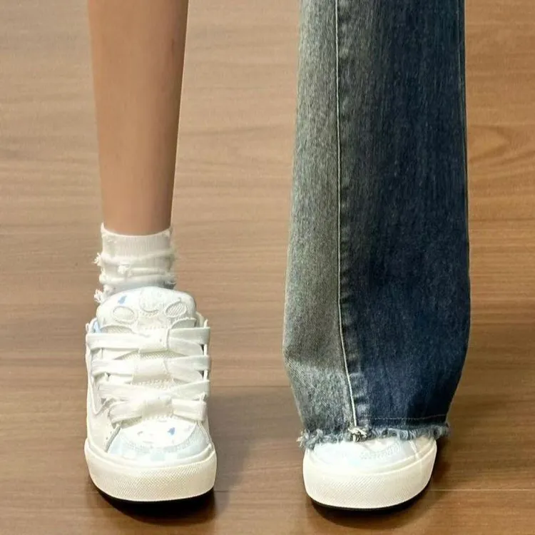 新款白蓝色拼接大舌头面包鞋女ins潮百搭复古滑板鞋小众休闲鞋子