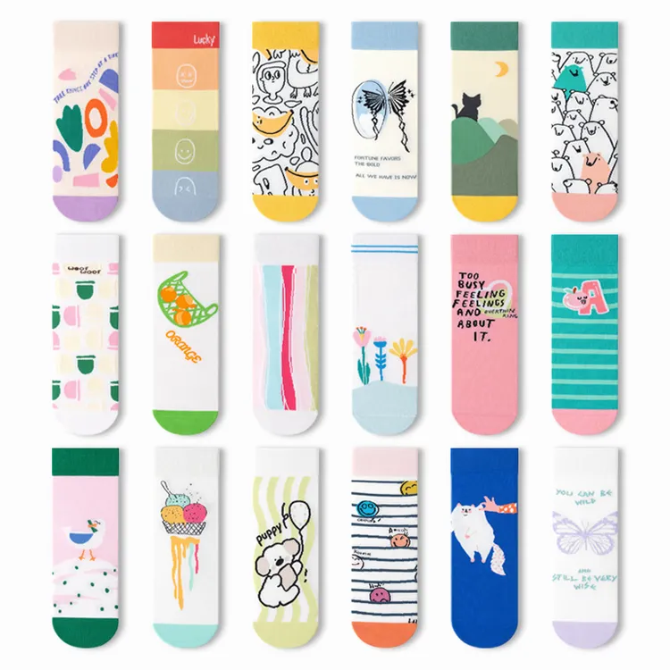 【3双】7A抗菌原创潮流直板中筒袜子女卡通可爱中筒潮袜动漫手绘