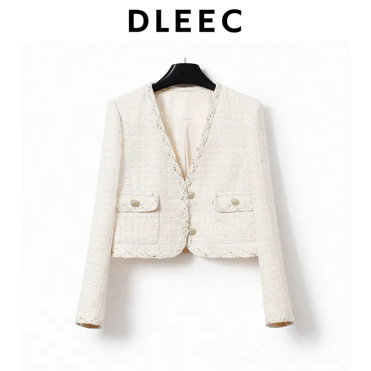 DLEEC 优雅轻奢系香榭米白珠片格子小香风外套时尚精致上衣