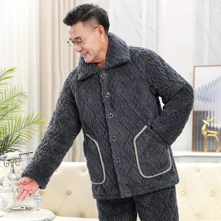 男士睡衣男秋冬季超厚加绒中老年人爸爸珊瑚绒夹棉保暖家居服套装
