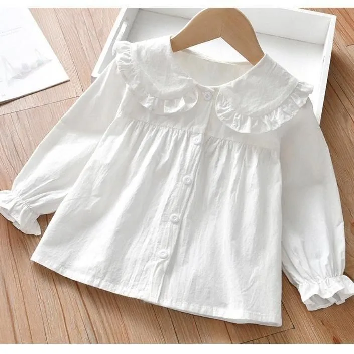 女童长袖纯棉衬衫白色娃娃领女童儿童韩版洋气童装春秋款上衣