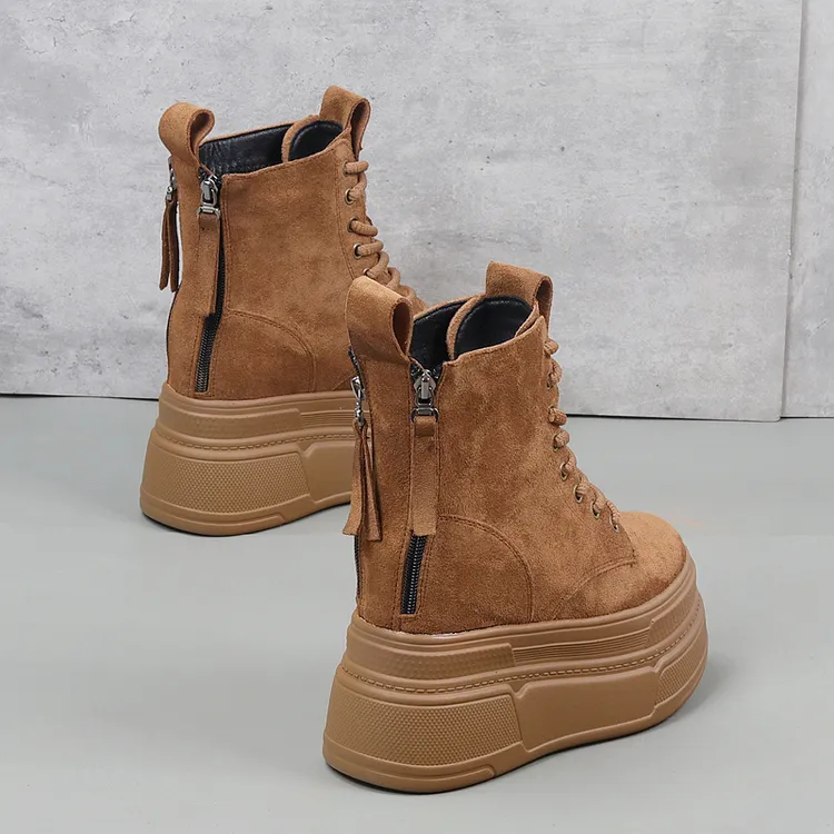 内增高12CM马丁靴女秋冬新款加绒棕色短筒棉靴小个子10cm厚底短靴