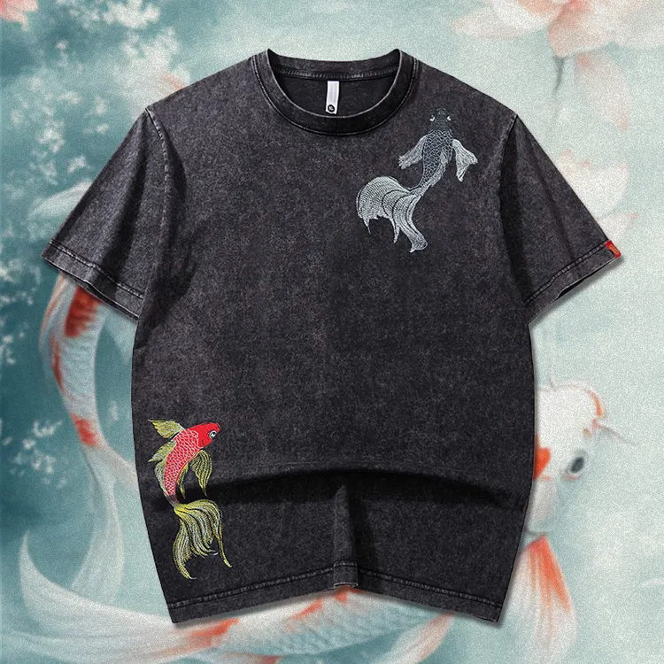 【金玉满堂】男士春夏重工锦鲤刺绣新款中国风国潮纯棉水洗短袖t恤 