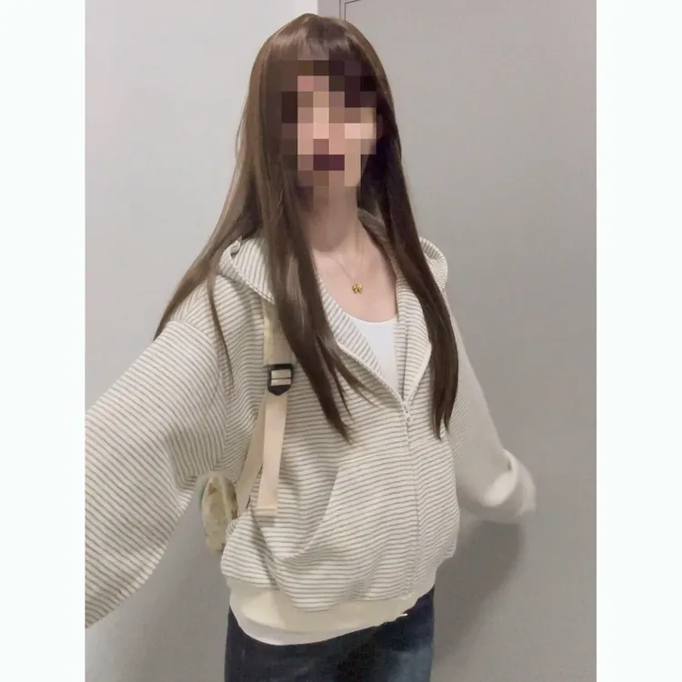 爆款慵懒风条纹拉链秋冬外套设计感连帽加绒加厚卫衣女百搭显瘦潮