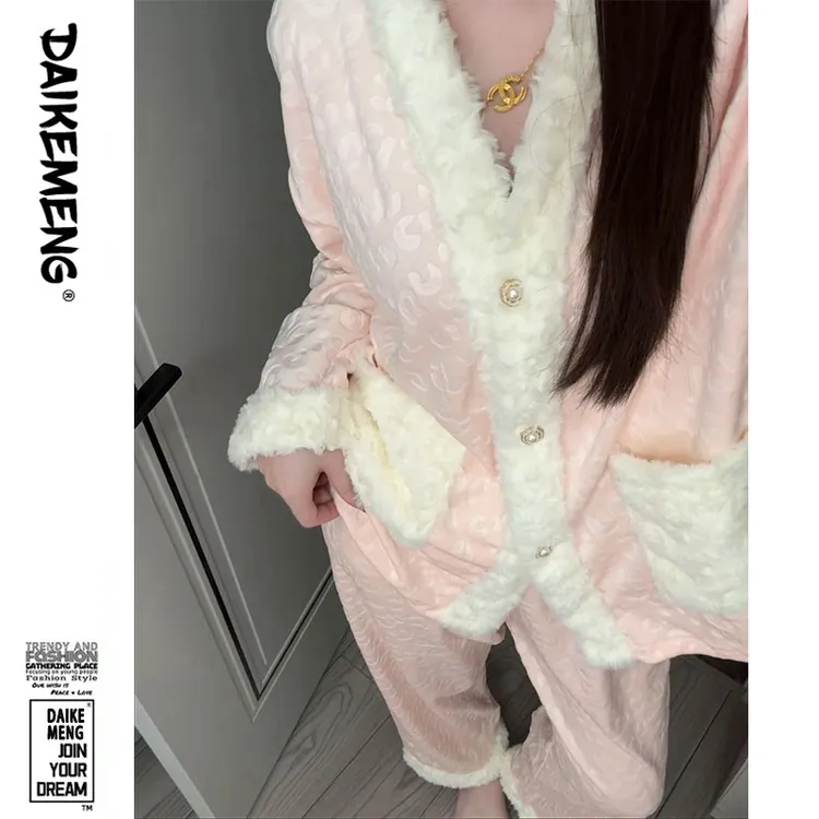 轻奢法式小香睡衣女秋冬棉绒德绒长袖V领显瘦外穿休闲家居服套装