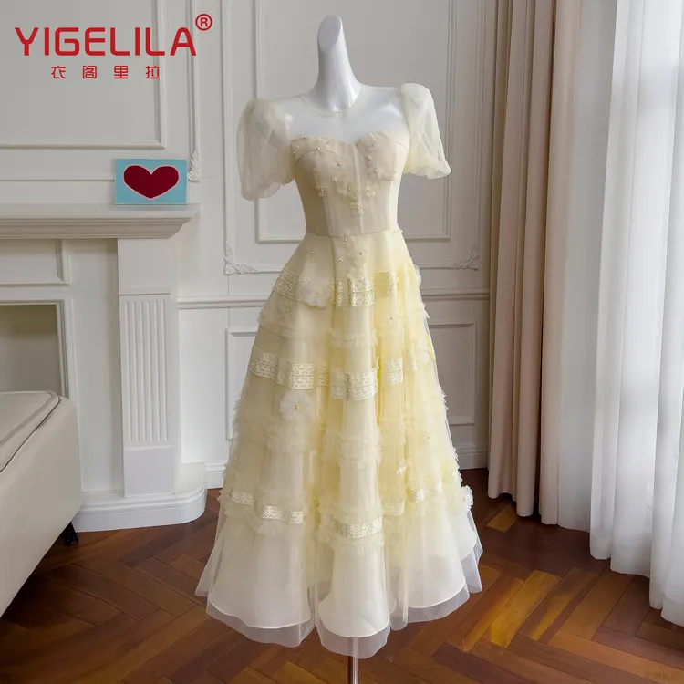 夏季新款气质纱裙公主蓬蓬裙优雅短袖网纱连衣裙生日宴会晚礼服