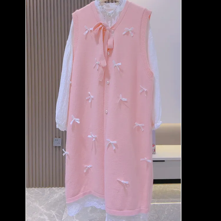 蝴蝶结减龄蕾丝拼接长款马甲针织毛衣背心裙