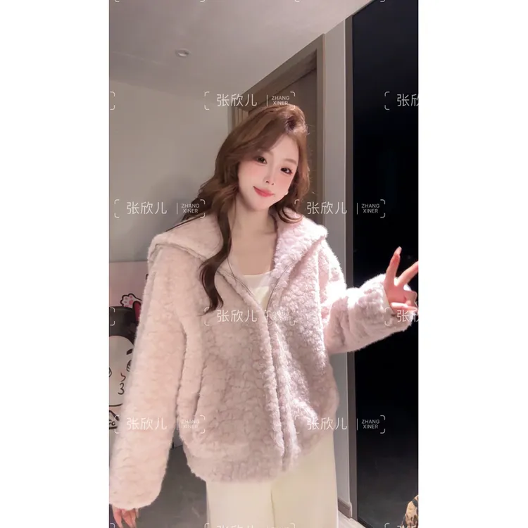 【一件过冬/雪团子】翻领连帽保暖短款拉链羊羔绒冬季女