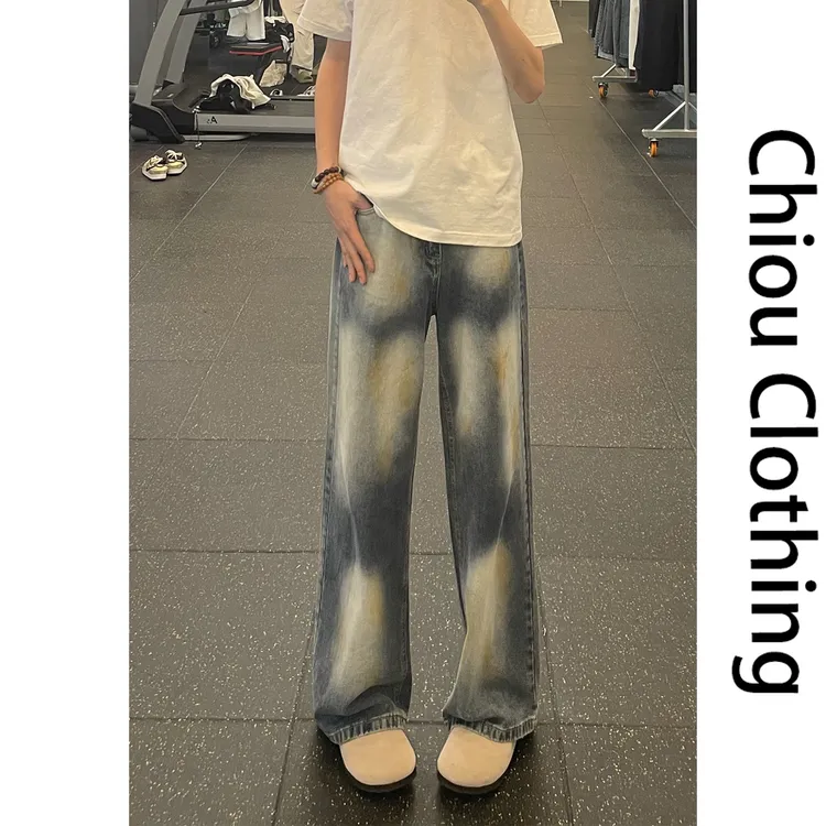 美式扎染牛仔裤高街设计款水洗复古宽松直筒阔腿裤扎染牛仔裤男款