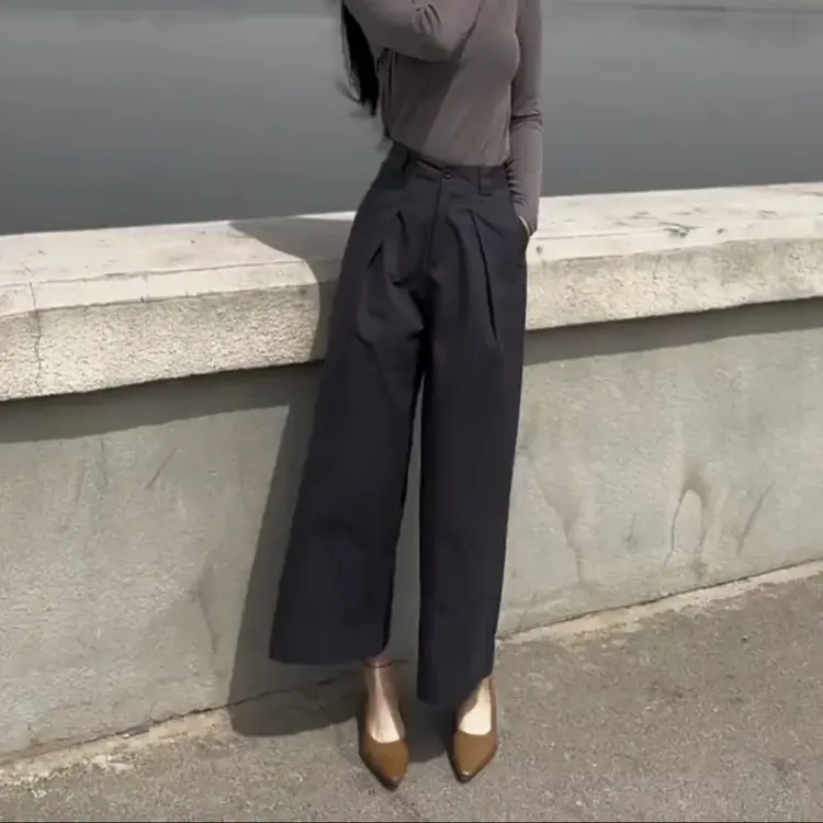 藏蓝复古通勤西装裤夏季新款高腰显瘦时尚直筒九分裤