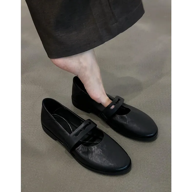 羊皮版~文艺复古圆头一字带平底玛丽珍鞋女百搭黑色浅口软底单鞋