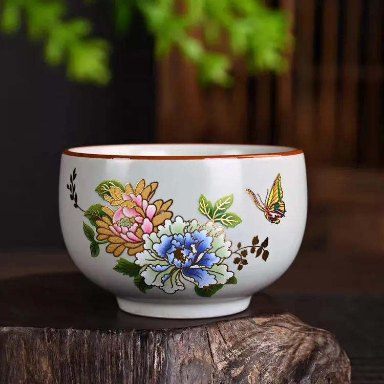 陶瓷蝶恋花主人杯大号品茗杯罗汉杯家用中式功夫茶具喝茶杯子茶碗