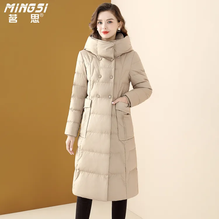 茗思时尚通勤连帽90鹅绒羽绒服女2025冬季新款中长款加厚保暖外套