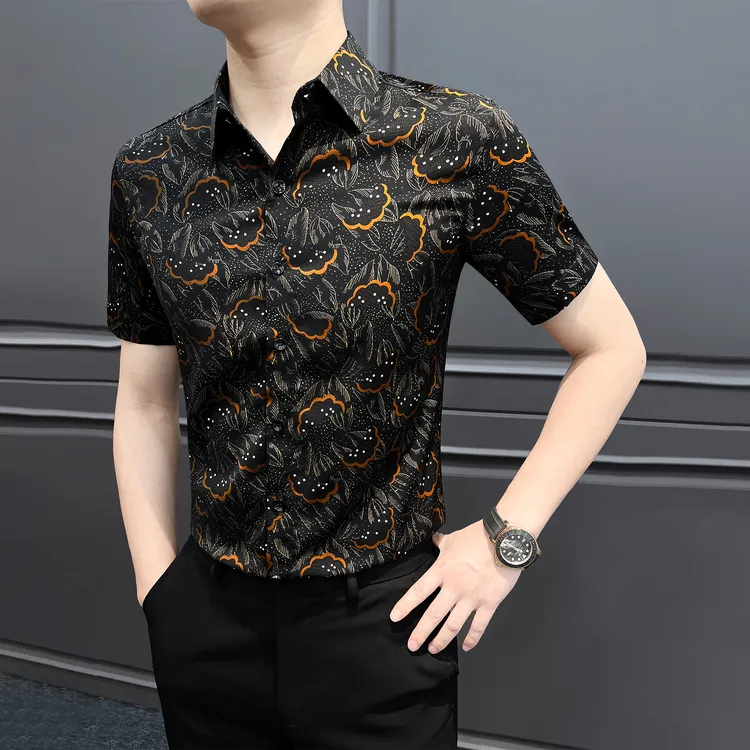 印花短袖衬衫男款爆款2025新款夏季薄款冰丝男装痞帅潮流男士衬衣