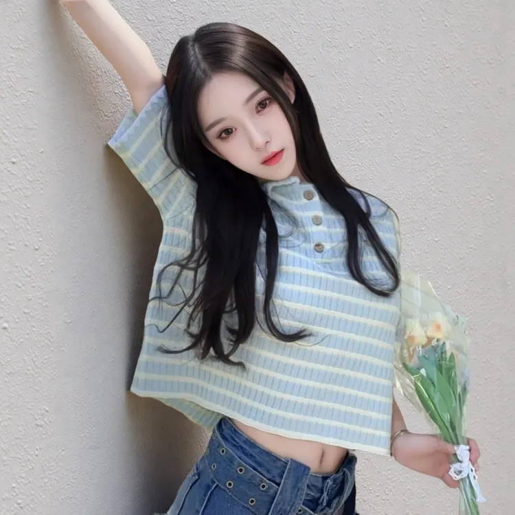 夏季条纹针织polo韩版针织衫POLO领针织衫短袖宽松修身显瘦设计感