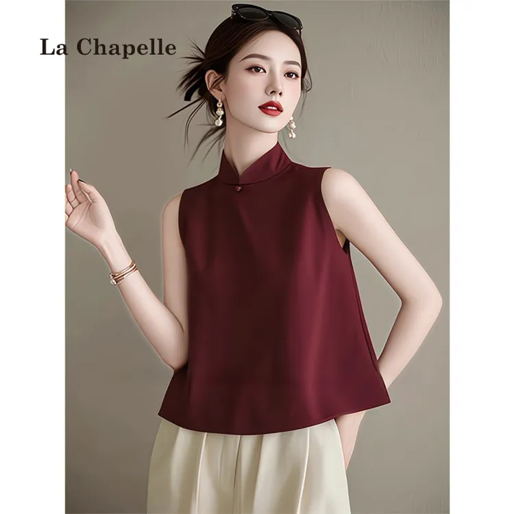 拉夏贝尔新中式立领雪纺衬衫女无袖背心夏季国风酒红色上衣高级感