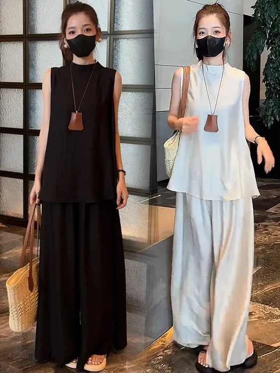时尚气质套装女2025夏季新款洋气宽松显瘦无袖上衣阔腿裤两件套潮