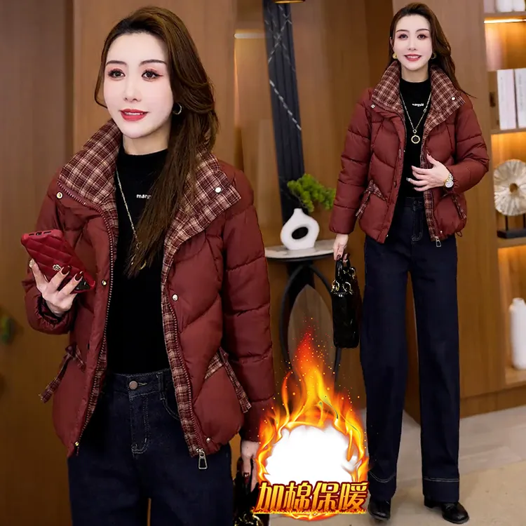 复古休闲拼接格子棉服女2025年冬季新款洋气加棉保暖立领短外套潮