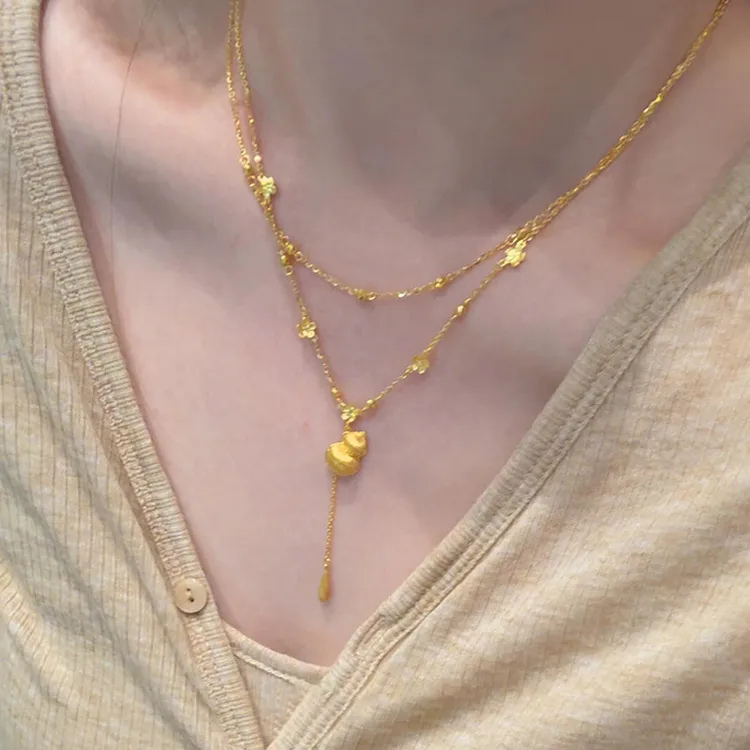 钛钢项链 新中式双层金色花朵葫芦水滴流苏项链女款奢小众锁骨链