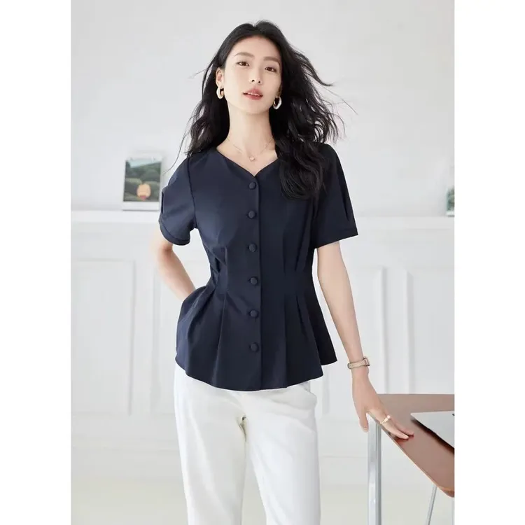 小蛮腰衬衫立体收褶通勤V领泡泡袖短袖女式衬衣女2025夏季薄款