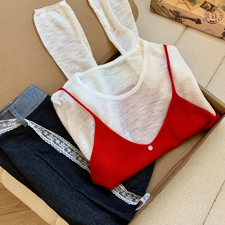 ootd穿搭一整套女韩版红色V领针织吊带背心内搭薄款冰丝长袖上衣