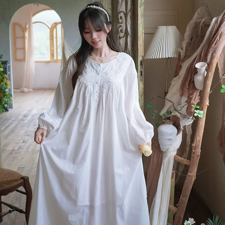 睡裙女春秋睡衣女款2025新款长袖秋季可外穿日系刺绣纯棉复古法式