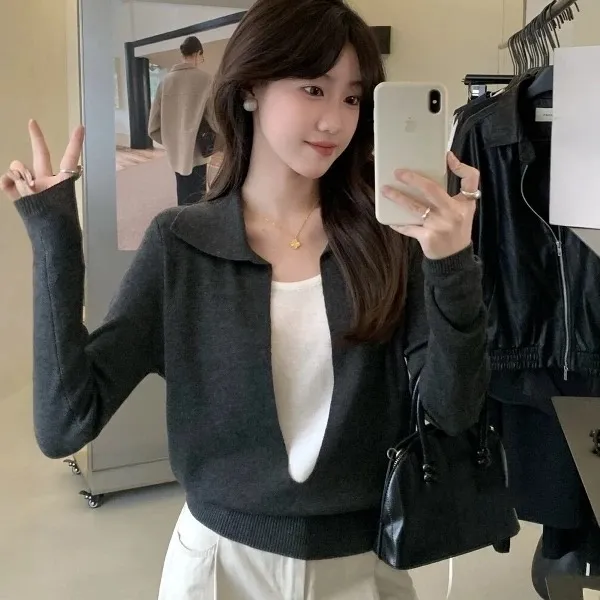 哥弟阿玛施正官方2025秋新款韩版假两件翻领针织衫女秋冬毛衣上衣
