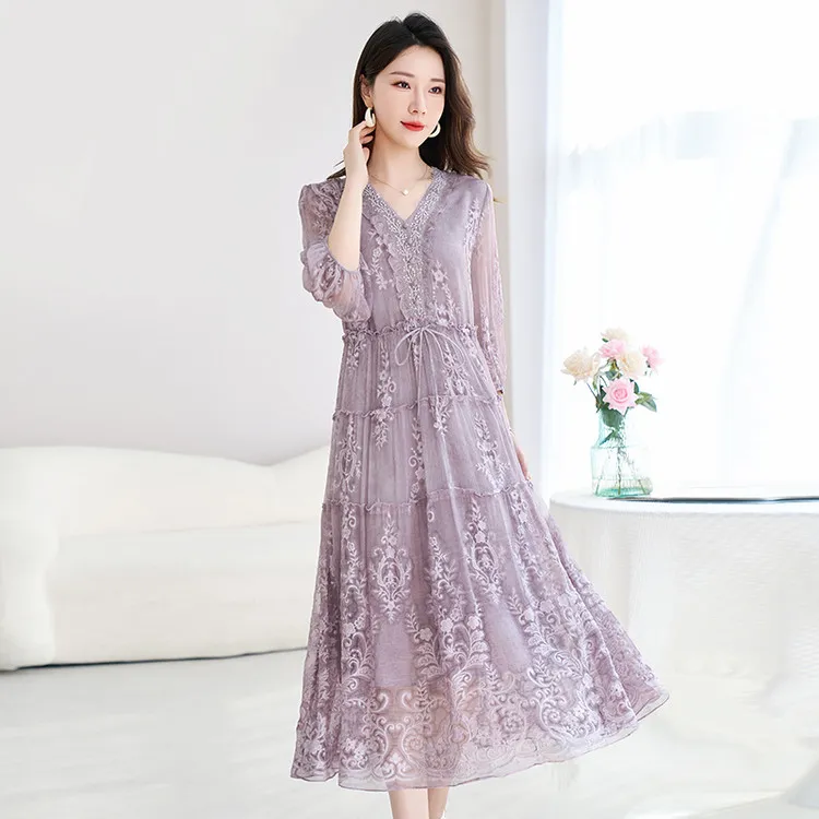 水墨佳人桑蚕丝真丝重工刺绣轻奢女装连衣裙提花妈妈裙裙子