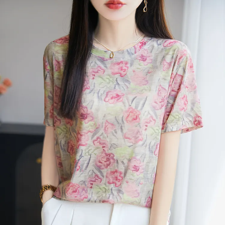 哥弟阿玛施正品高级感夏季短袖女薄款t恤时尚印花短款冰丝上衣服
