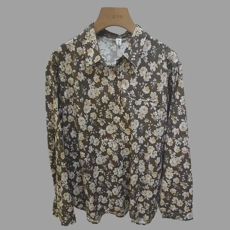 POLO领女装复古港风休闲碎花长袖复古上衣早秋季衬衫时尚百搭打底