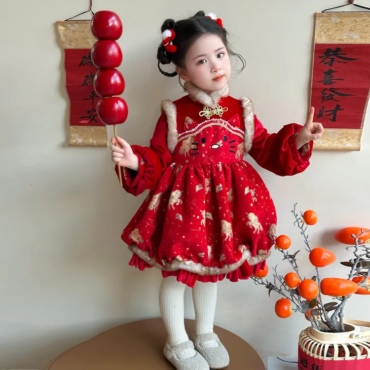 新款女小童马年拜年服冬季洋气儿童加绒加厚保暖连衣裙新年公主裙