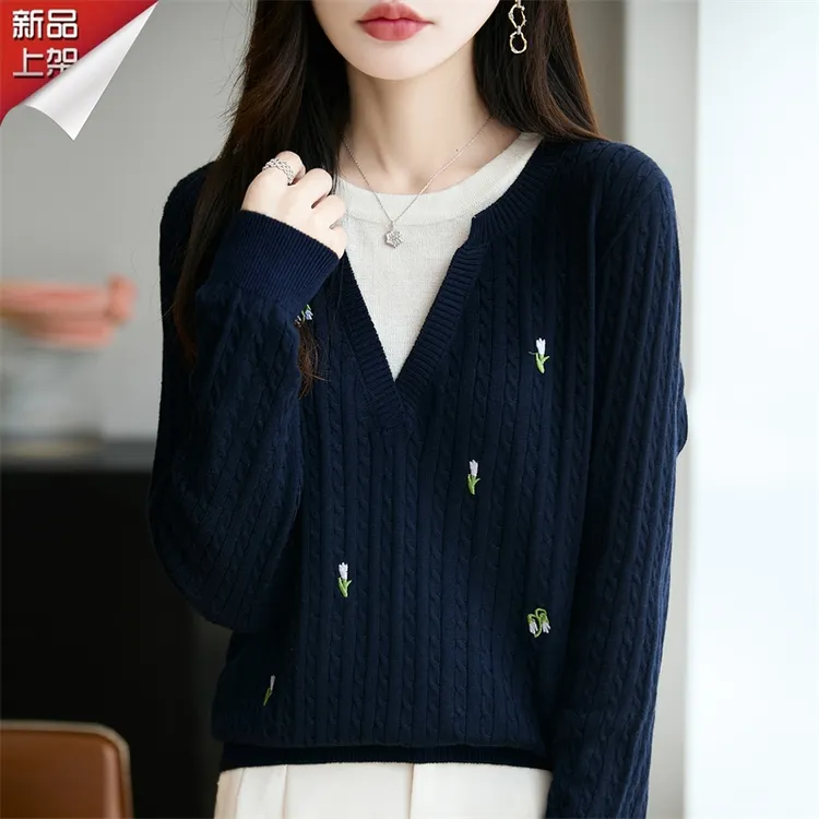 哥弟阿玛施正品法式V领提花羊毛衫上衣秋冬洋气百搭假两件针织衫